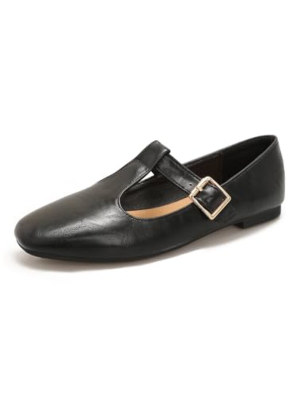 Women's T-Strap Mary Jane Flats Low Chunky Heel PU Round Toe Slip On Work